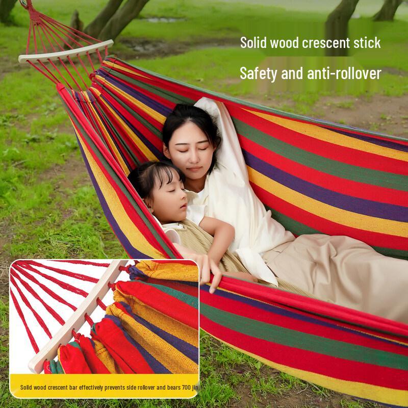 Thickened Outdoor Double Hammock with Solid Wood Spreader Bar