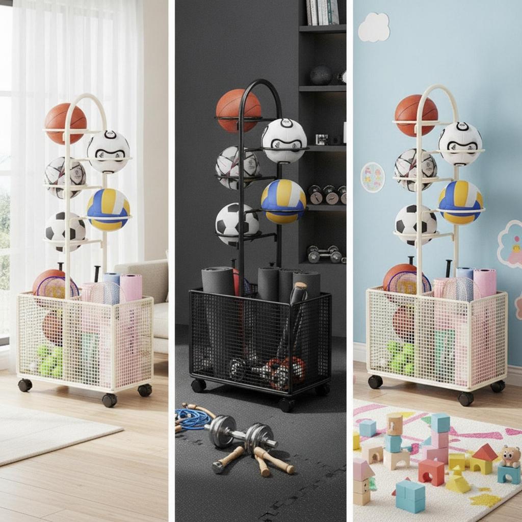 Tall Sports Equipment Storage Rack Heavy-Duty Ball Holder with Basket Large