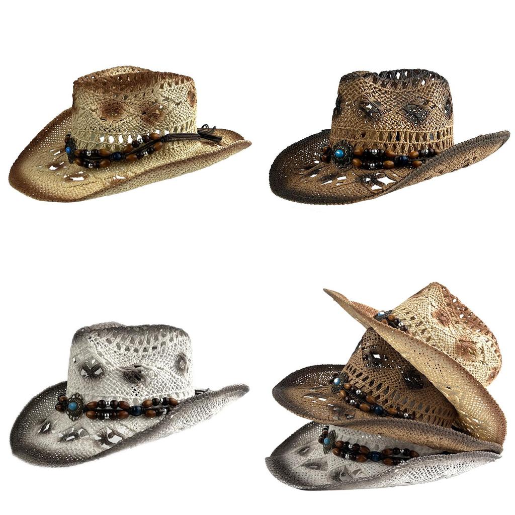 Cowboy Straw Hat With Sun Protection And Breathable Design For Summer Outdoor Activities**