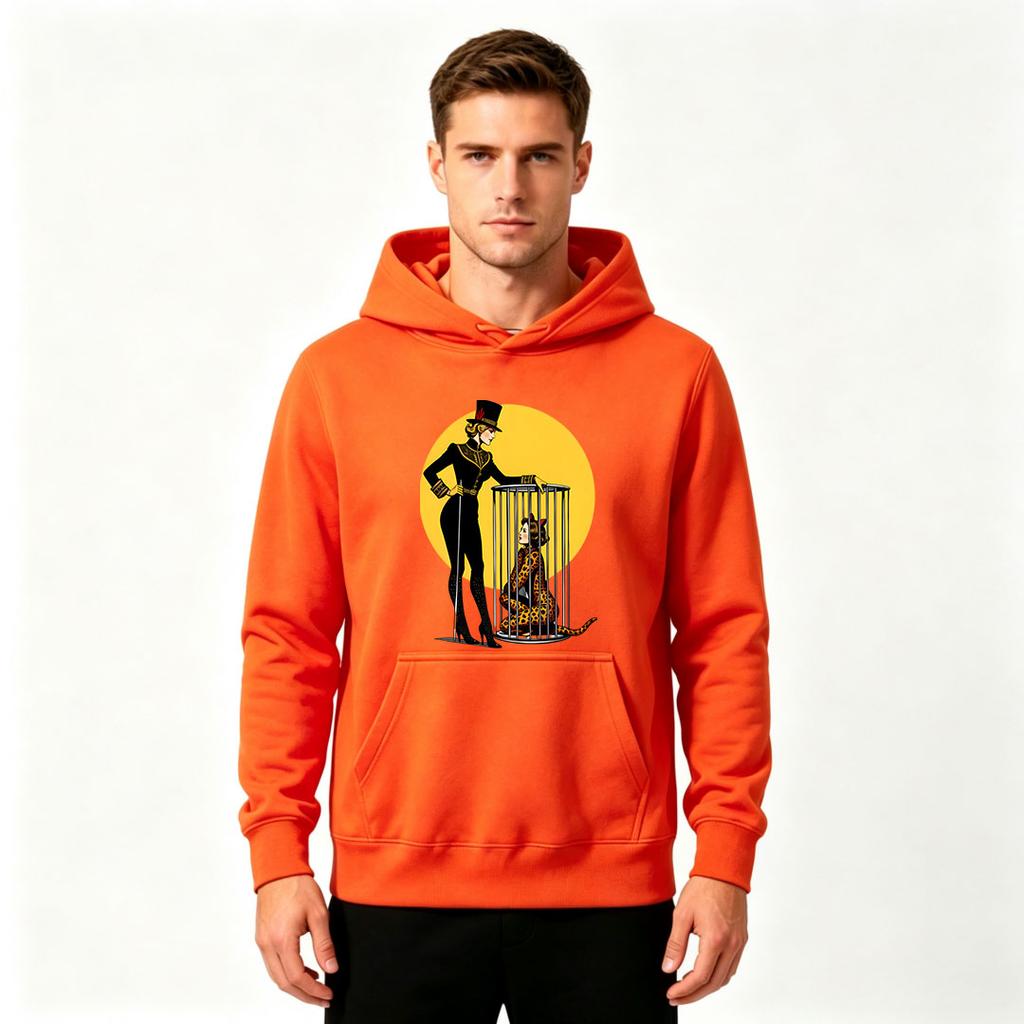 Men's Hoodie, Vintage Circus Tamer Caged Leopard Woman Print Pullover Casual Long Sleeve Hooded Sweatshirt