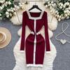 French high-end small fragrance fashionable contrasting colors square neck pearl buckle slim-fit dress women's waist-wrapped hip-wrapped knitted skirt