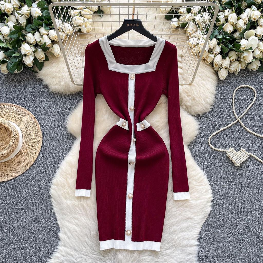 French high-end small fragrance fashionable contrasting colors square neck pearl buckle slim-fit dress women's waist-wrapped hip-wrapped knitted skirt