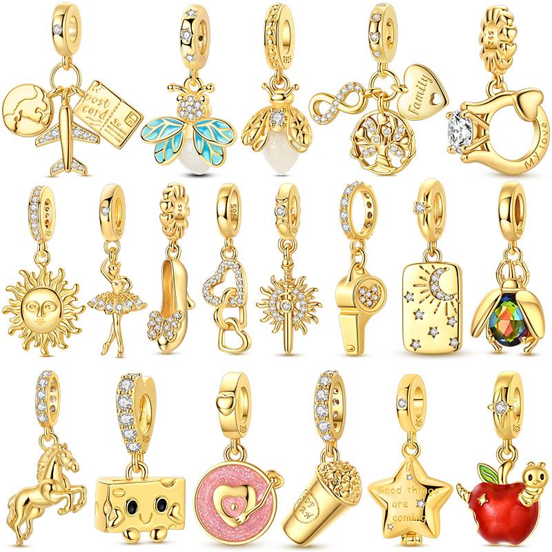Original 925 Sterling Silber Charm Perle Goldene Serie Zirkon Anhänger Passend für Original Armband Halskette Für Frauen DIY Schmuck Geschenk