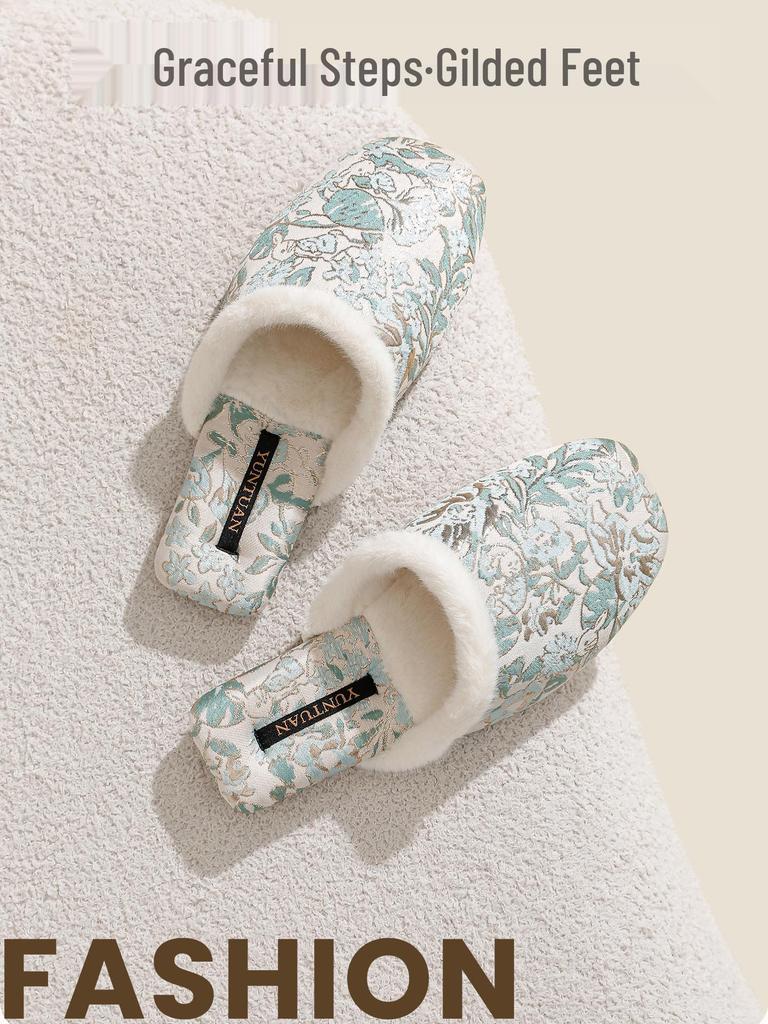Damen Fleecegefütterte Florale Jacquard Chinesischer Stil Rutschfeste Warme Baumwollpantoffeln für Herbst und Winter