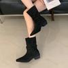 Fashion Women Frosted Suede Leather Boots Autumn Winter Vintage Western Cowboy Boots Fashion Buckle Strap Comfortable Medium Heel Shoes