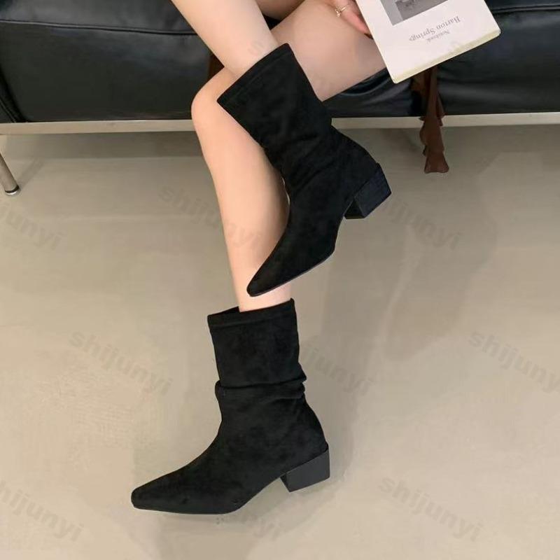Fashion Women Frosted Suede Leather Boots Autumn Winter Vintage Western Cowboy Boots Fashion Buckle Strap Comfortable Medium Heel Shoes