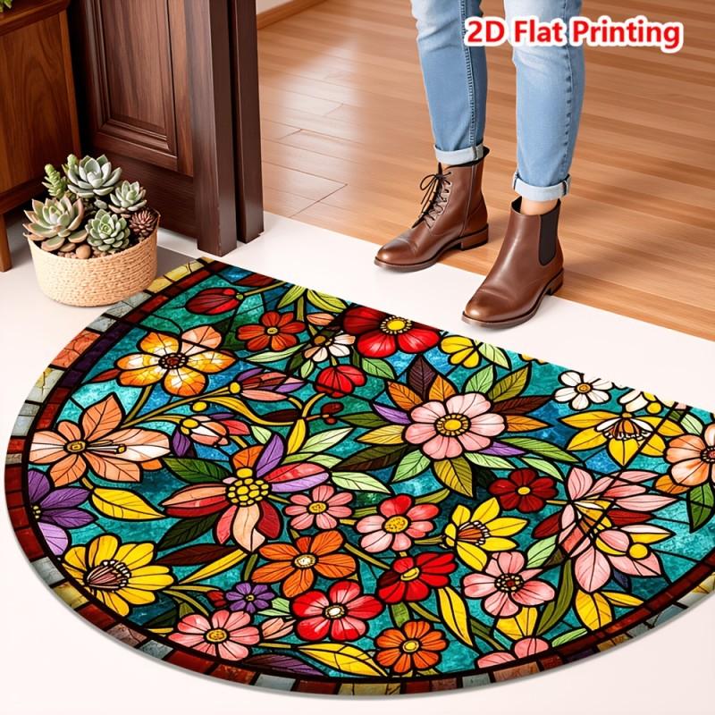Tapis de porte demi-cercle rayé tissé Marron Naturel et Noir Rayures Concentriques Tapis de Sol Antidérapant pour Maison de Ferme et Intérieur Bohème 60x90cm-Felt