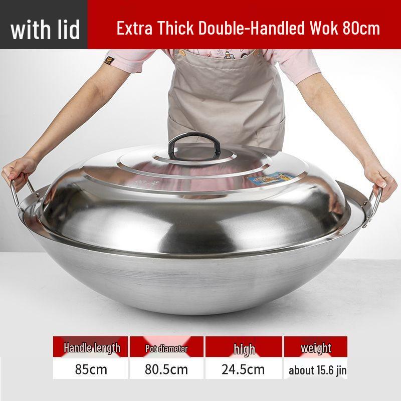 Extra Thick Stainless Steel Double Ear Wok - Large Round Bottom Pot for Commercial Kitchens, Gas Stove Compatible
