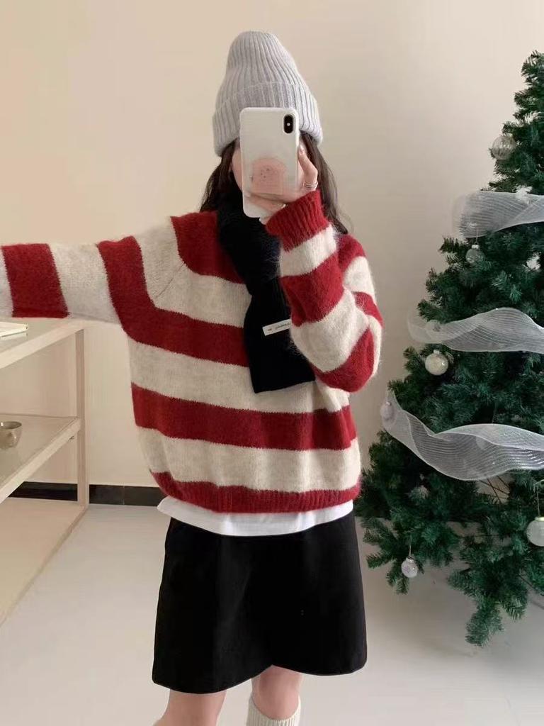 Lazy Wind Autumn and Winter Striped Pullover for Women's Autumn and Winter New Wear Loose Knitted Sweater for Women