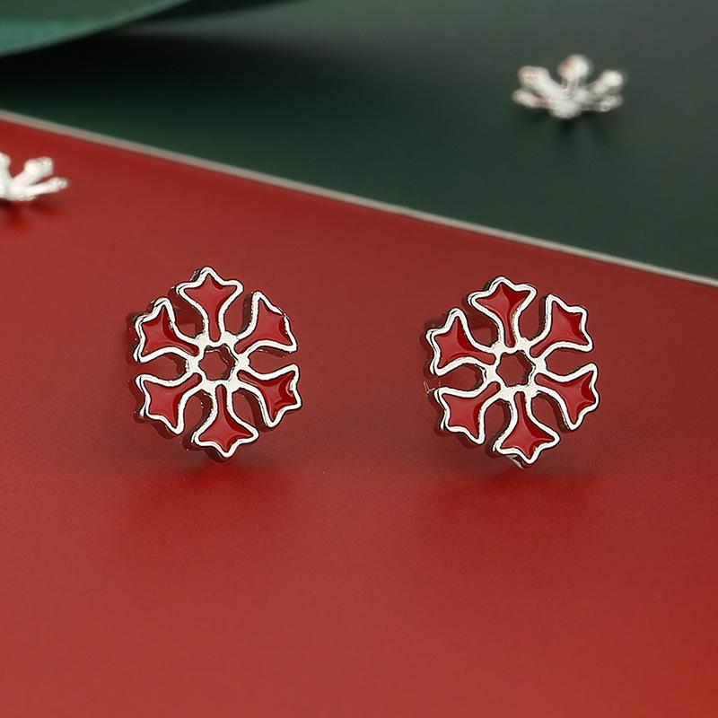 S925 Sterling Silver Reindeer Snowflake Red Earrings - Christmas Series Studs for Women