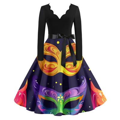 Dámské ležérní módní šaty s výstřihem do V, dlouhým rukávem, s potiskem, vintage, dlouhé