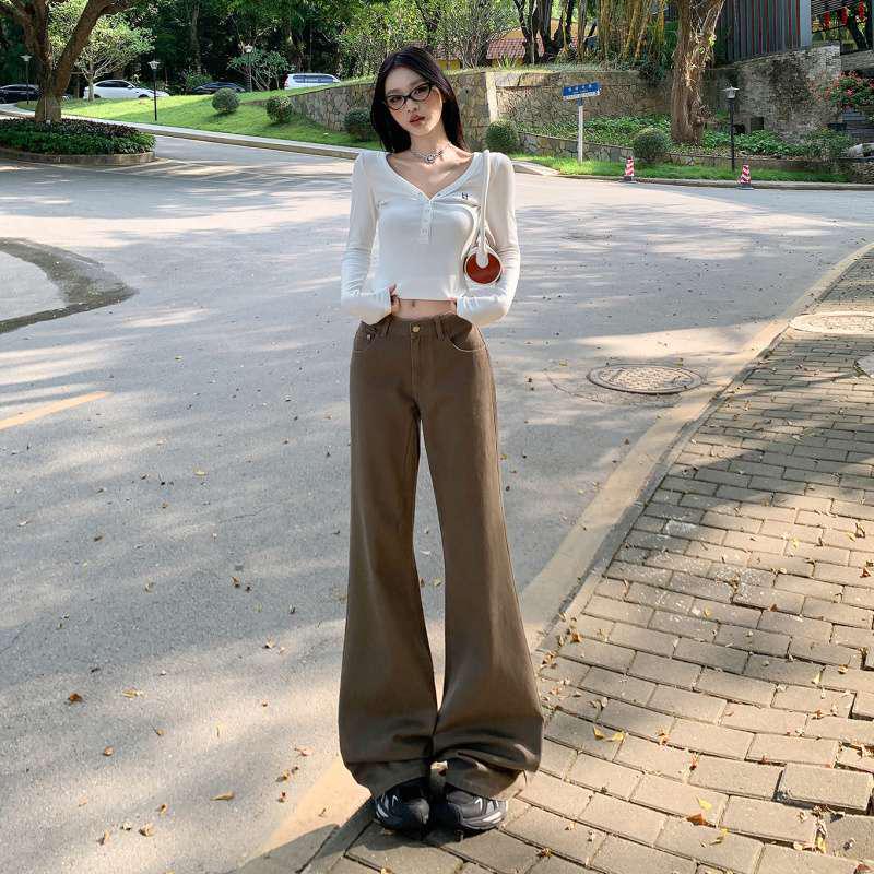 Unisex Retro American High-Street Brown & Green Wide-Leg Jeans - Spring & Autumn Casual Floor-Length Pants.