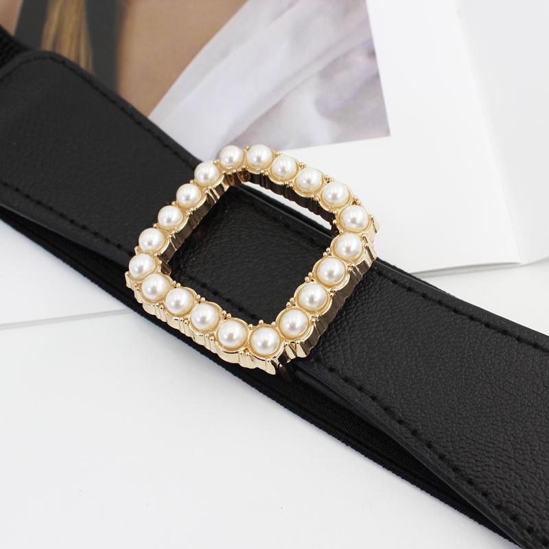 Square Pearl Inlaid Smooth Buckle Elastic Belt Women'S Dress Decoration Elastic Thin Waist Seal Three Sizes
