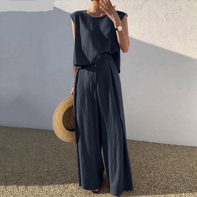 Spring/Summer 2023 Cotton Linen Casual Two-Piece Set: Sleeveless Top & Wide-Leg Pants for Women