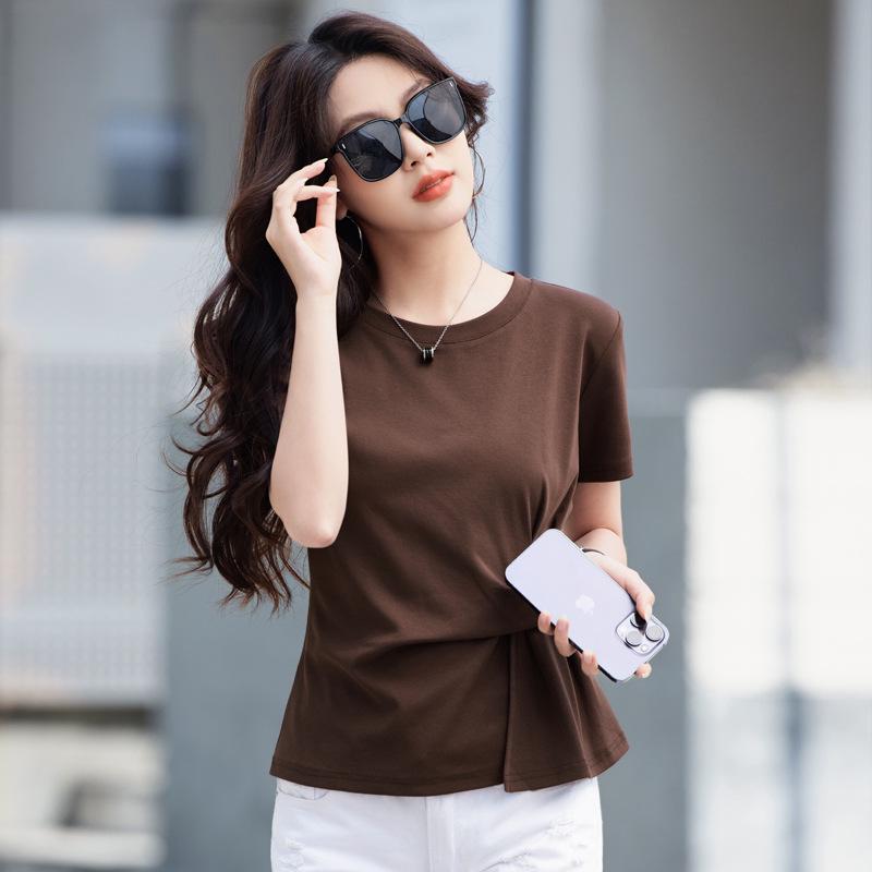2025 Women's Fashion Short Sleeve Cotton Top – Irregular Pleated Slimming Crew Neck