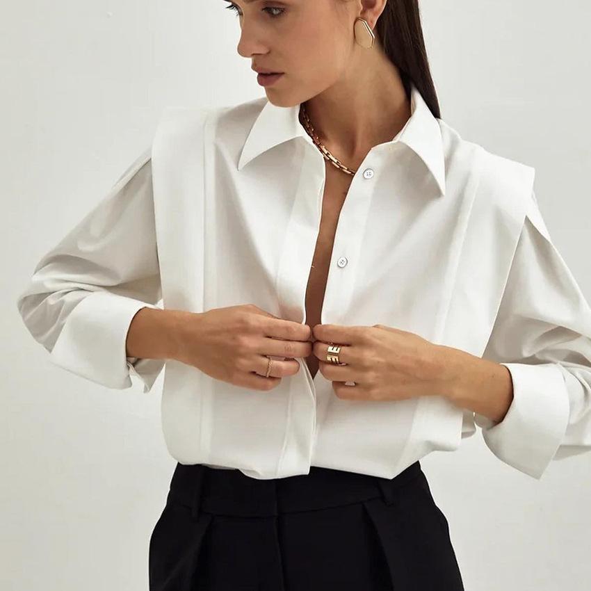 Autumn New Style Right-Angle Shoulder White Shirt Women'S Fashion European And American Commuting Elegant Design Sense Niche Long Sleeve Shirt Top
