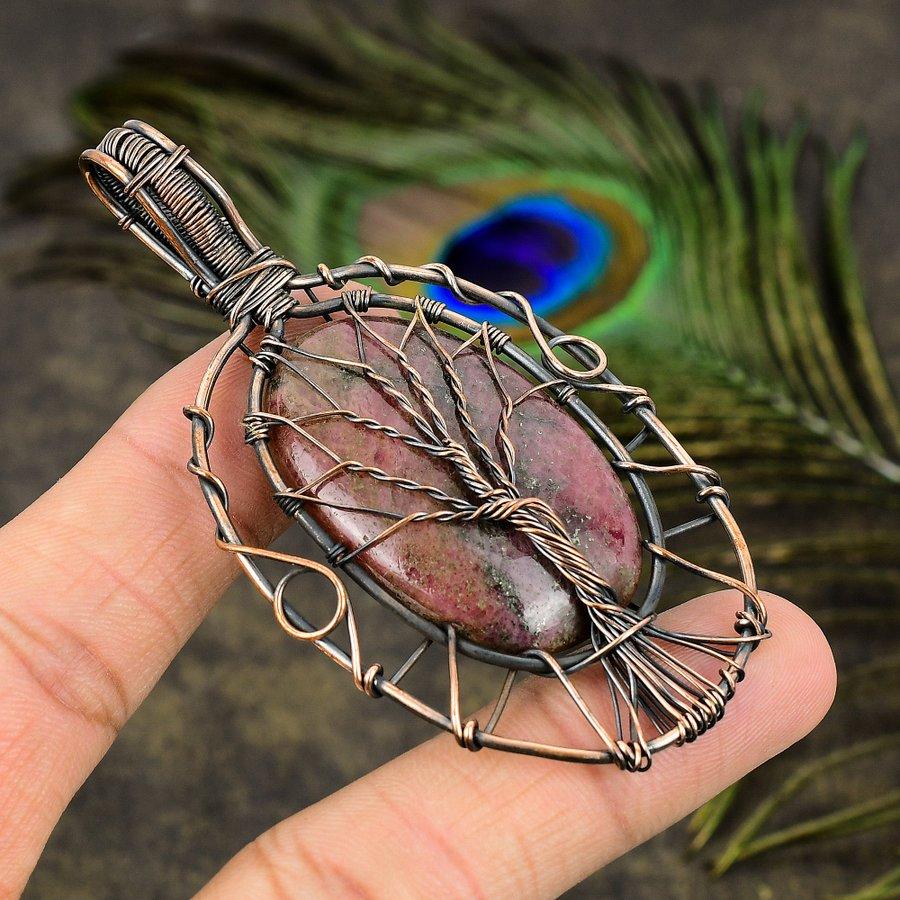 Rhodonite Gemstone Copper Wire Wrap Jewelry Pendant 3.23"