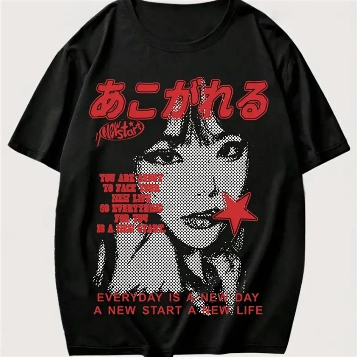 Men s Streetwear Japanese Anime Girl Slogan Oversized Tee L чёрный
