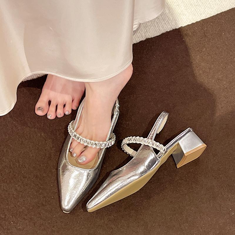

Pointed thin heel patent leather sandals 2025 spring and summer French new bag head empty single shoes rhinestone belt medium heel high heels 40 шампанского