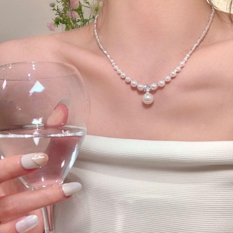 Broken Silver Pearl Necklace, Small Design, High Sense, Simple Temperament, Collarbone Chain, Women's Sugar Cube, Small Diamond, Light Luxury and