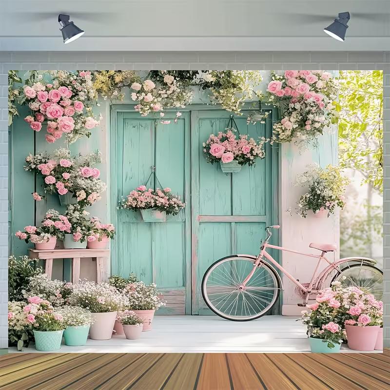 2D Pink Floral Bicycle Backdrop, Spring Turquoise Door Photography Background Banner