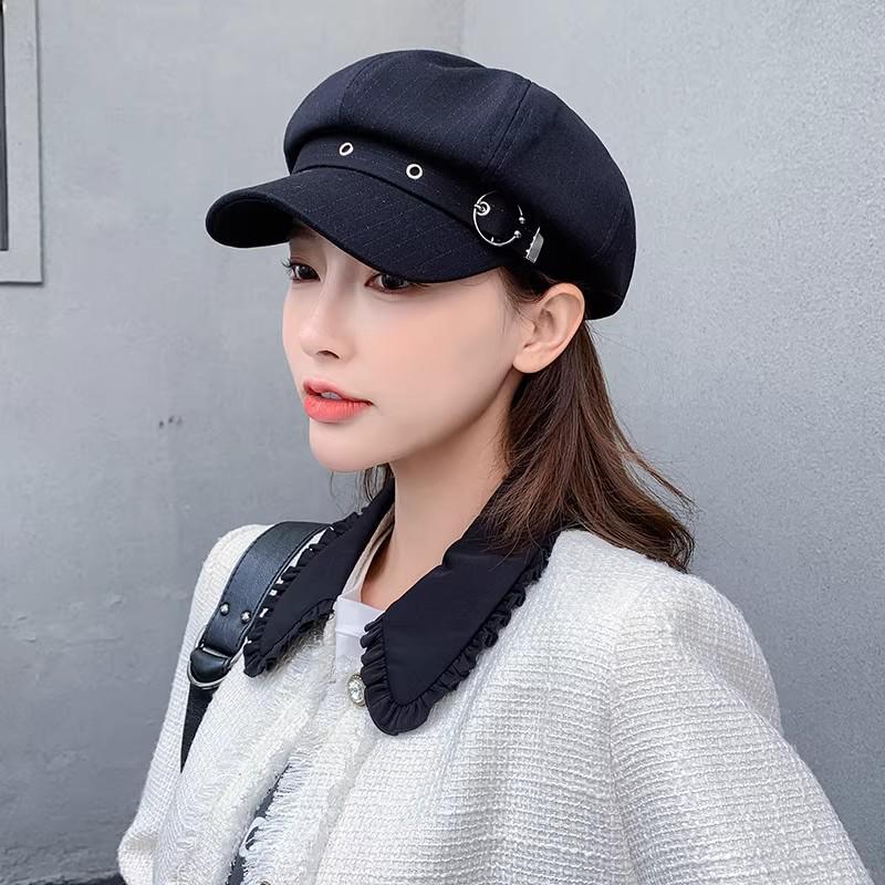 Damen-Barett im koreanischen Stil: Trendiger Retro Schwarzer Maler- und Schiebermützenhut für Herbst/Winter