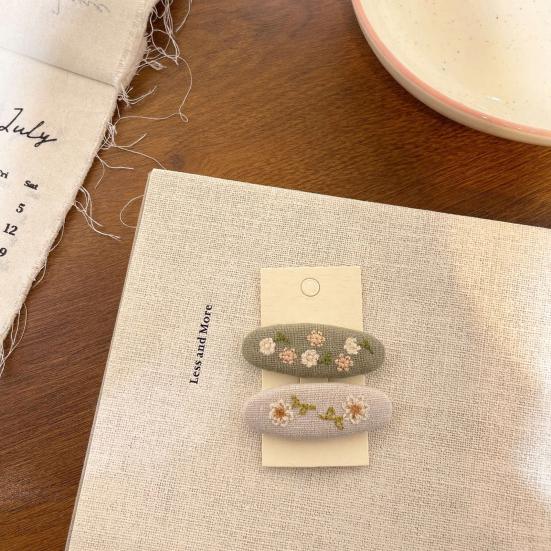 1 Pair Hairpins Rounded Edges Metal Stable Grip Hand-Embroidered Flower Pattern Wide BB Clip Side Bang Hair Accessories