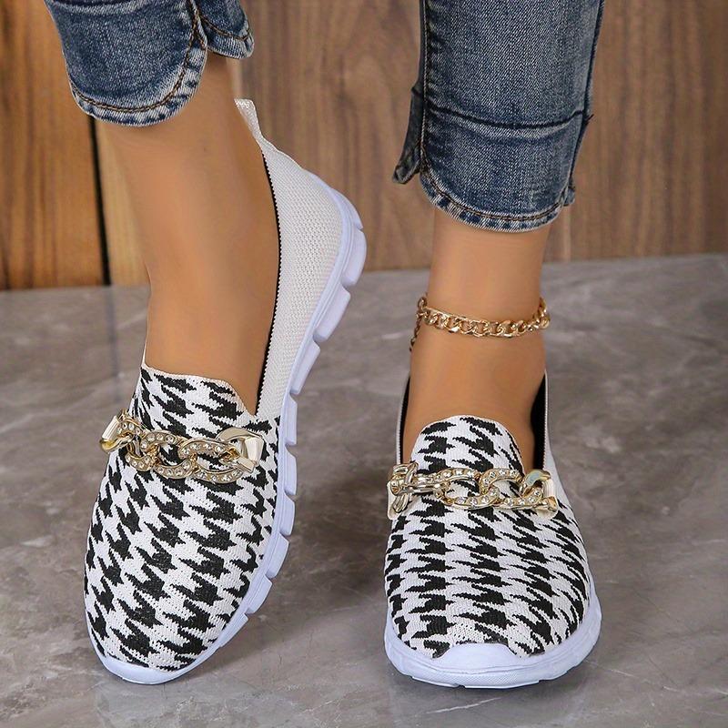 Women's Houndstooth Slip-On Sneakers - Casual Breathable Walking Shoes with Chain Decor