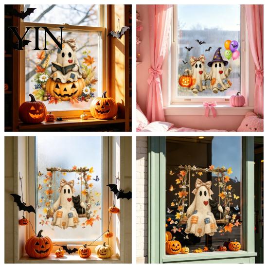 Adhesive Free Decal Vintage Patch Ghost Static Window Clings, Halloween Thanksgiving Pumpkin Bow Maple Leaf Retro Fabric Glass Stickers, Reusable