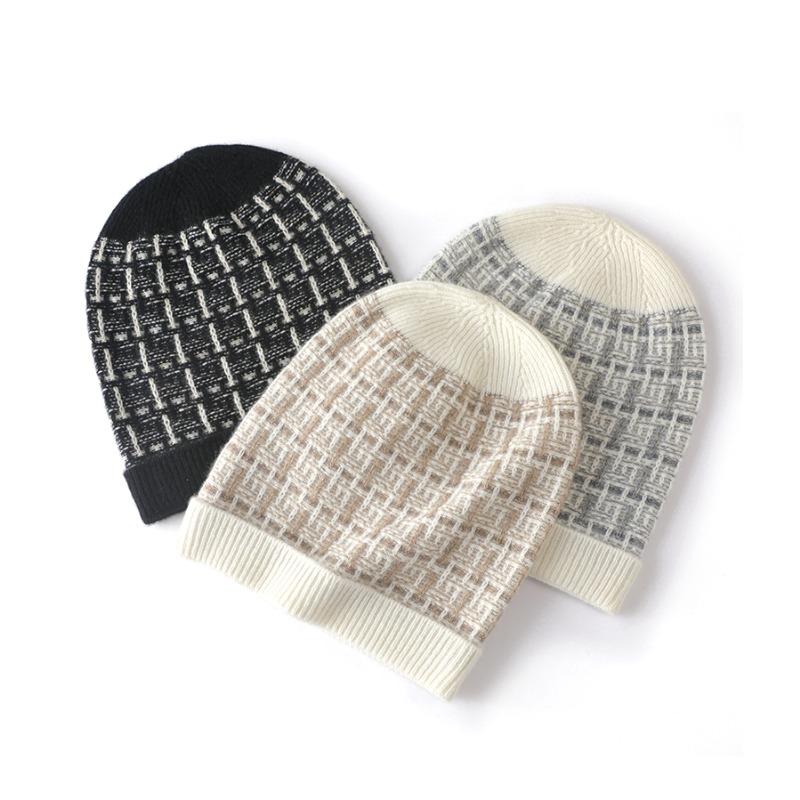 Women Colorful Silk Pure Cashmere Knit Beanie Hat Warm Winter Fashion Checkered Pattern Headwear Soft Cozy Casual Cap Dedicate