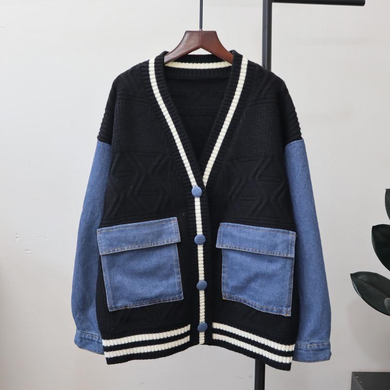 

Осень и зима новое чувство дизайна пэчворк джинсовый свитер куртка свободный повседневный универсальный вязаный кардиган женский one size fits all чёрный