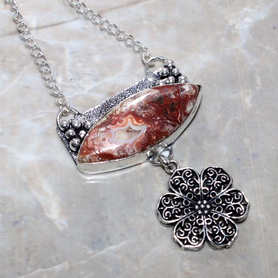 Flower Lake Superior Agate 925 Silver Plated Necklace 19" Superb Gift Trendy S3K98