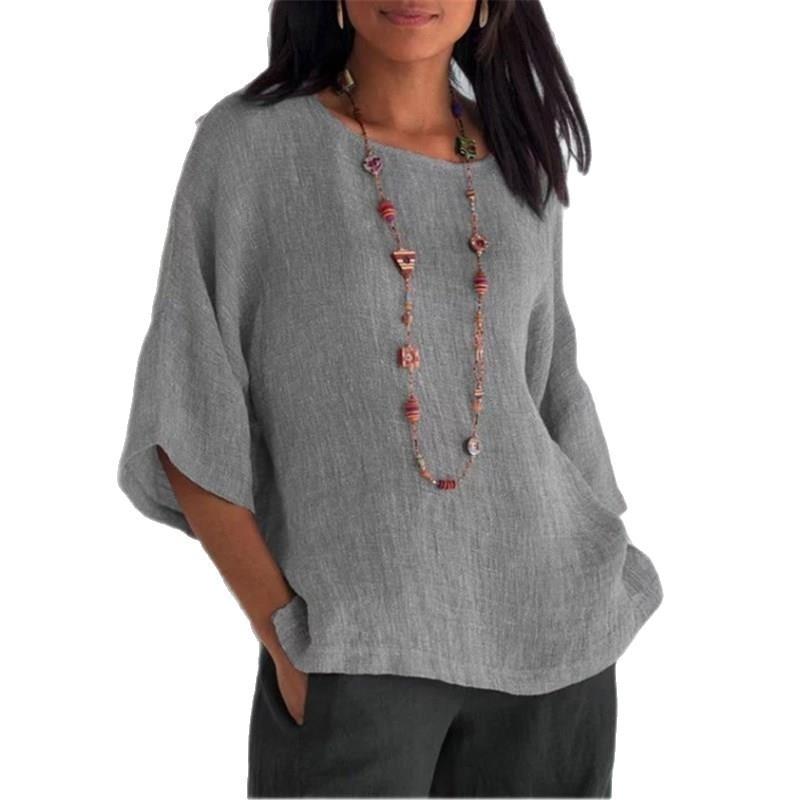 Women's Cotton Linen Round Neck Blouse 3/4 Sleeve Loose Casual Solid Color Summer Top