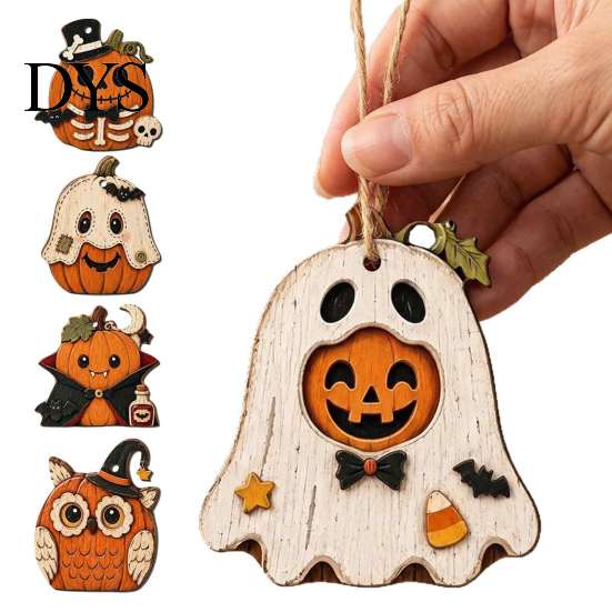 Cartoon Wooden Wall Decorations Vintage Halloween Hanging Ornaments, Rustic Pumpkin Owl Ghost Farmhouse Ornaments Tree Decoration with Rope for Window