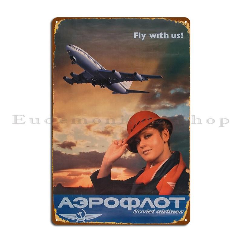 Русская стюардесса Старый советский плакат Аэрофлота Металлическая табличка Заказная роспись Бар Гараж Винтажная жестяная табличка Плакат 20x30cm（7.8x11.8inch）