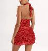Women's Retro Halter V-Neck Polka Dot Top & Ruffled Skirt Set