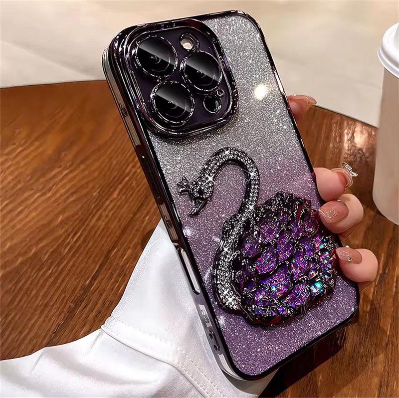 

Роскошный чехол для телефона с блестками и градиентом в виде лебедя и зыбучих песков для iPhone 15 12 13 14 16 Pro Max Plus, противоударный чехол iPhone 13 Pro Max фиолетовый