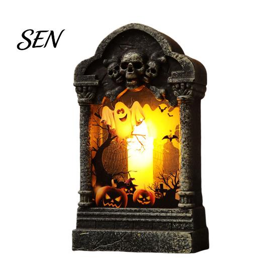 Spooky Festival Gift Tombstone Candle Lantern, LED Lighted Graveyard Table Lamp, Halloween Secret Room Escape Decor Small Night Light for Haunted