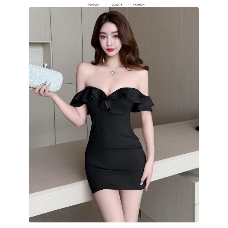 Sexy one-word shoulder dress women s summer pure desire wind ruffle leaf edge temperament socialite black evening dress hip skirt S чёрный