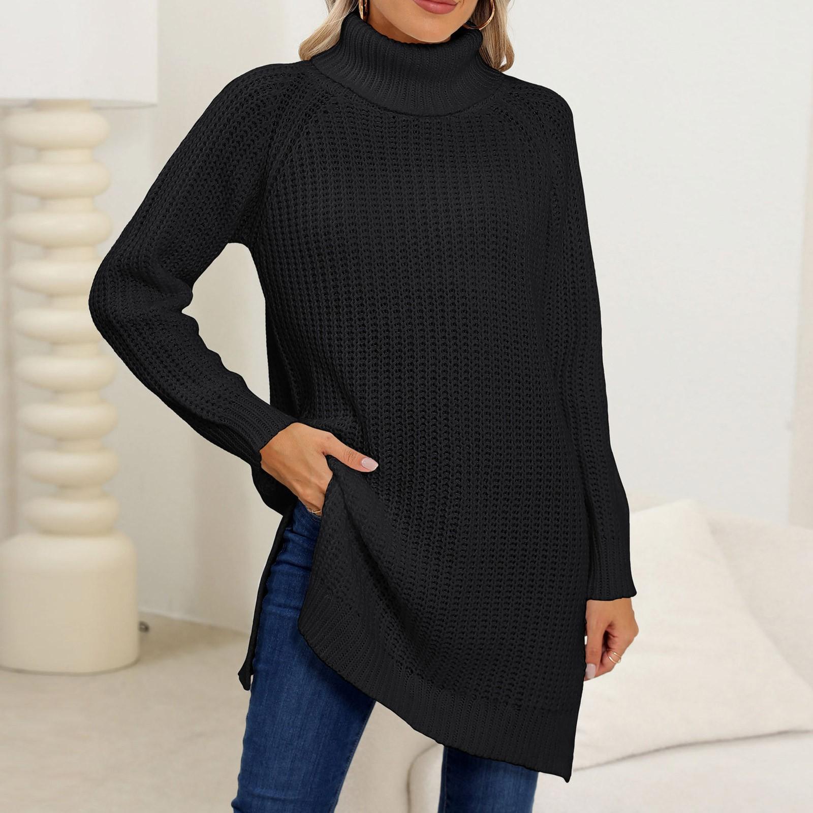 Женская мода осень и зима утолщенный свитер с высоким воротом и разрезом длинный свитер L чёрный 2769₽