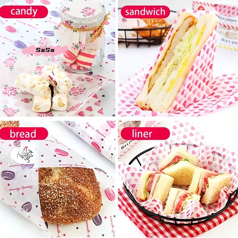 50Pcs Food-Grade Baking Wax Paper Strawberry Floral Pattern Non-Stick Squares for Cake Burger Chips Wrapping