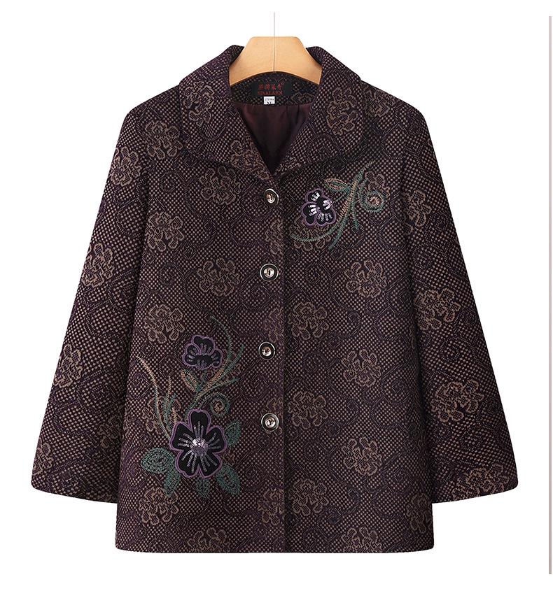 

Embroidered Grandma-Style Jacket: Woolen Tang Suit Coat for Middle-Aged Women 4XL (130-145 lbs) коричневый