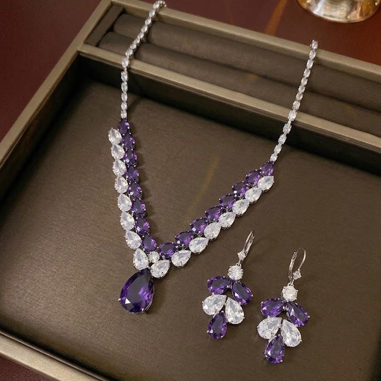 Set Fashion Trend Zircon Earrings & Necklace with Purple Water Drop Pendant - Elegant Jewelry Clavicle Chain