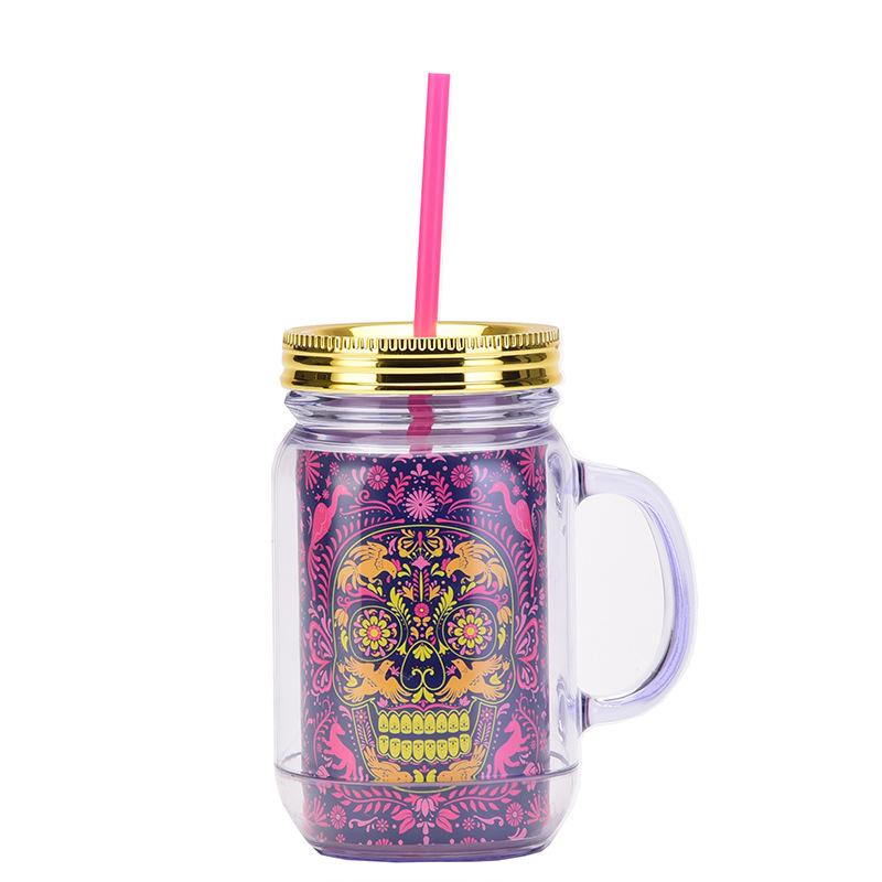 Double Plastic Cup Colored Skull Halloween Party Water Cup Portable Creative Straw Cup