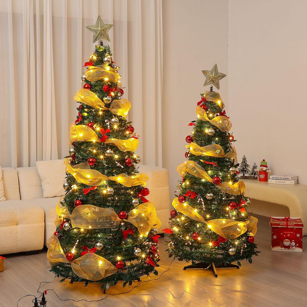 Luxury Folding Telescopic Christmas Tree with Warm Lights - Green Flocking Floor-Standing Decor