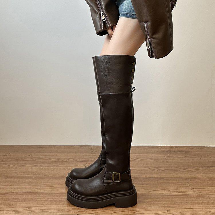 

Leather retro British style thick-soled velvet boots women s 2025 autumn and winter new boots tall and thin knight boots 40 коричневый