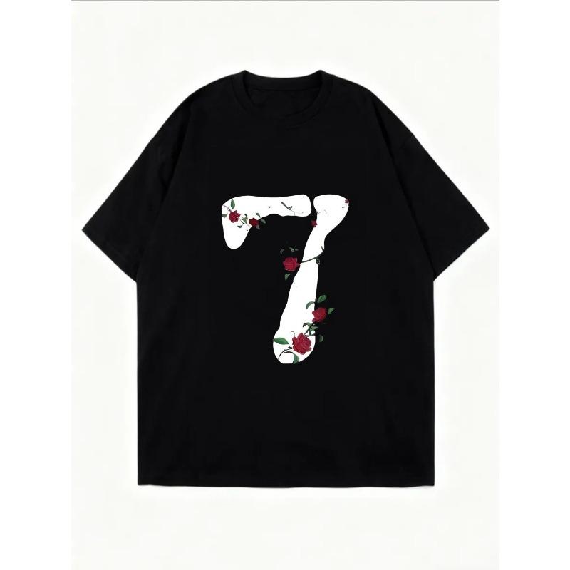 White Oversized T-Shirt With Floral Number Seven Print For Casual Wear