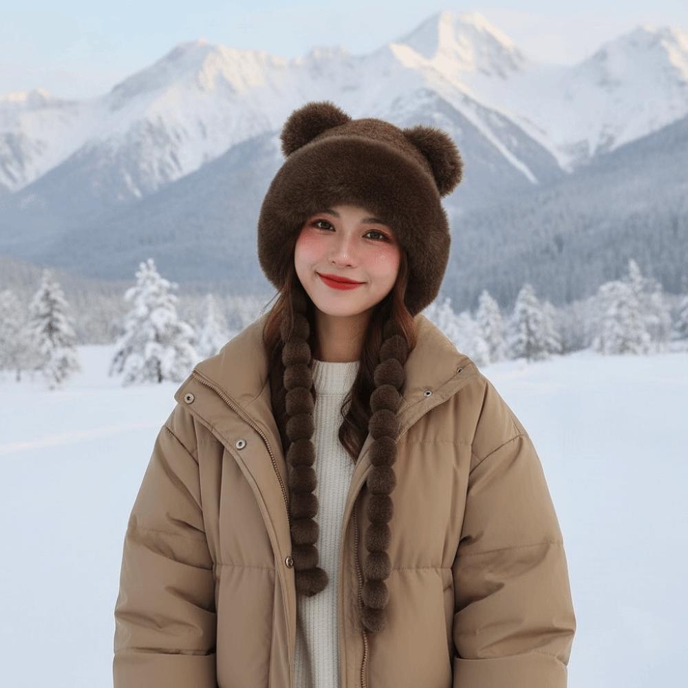 Fleece Lined Fleece Knit Beanie Fur Brim Earflap Winter Cap Pompom Braids Hat  Skiing