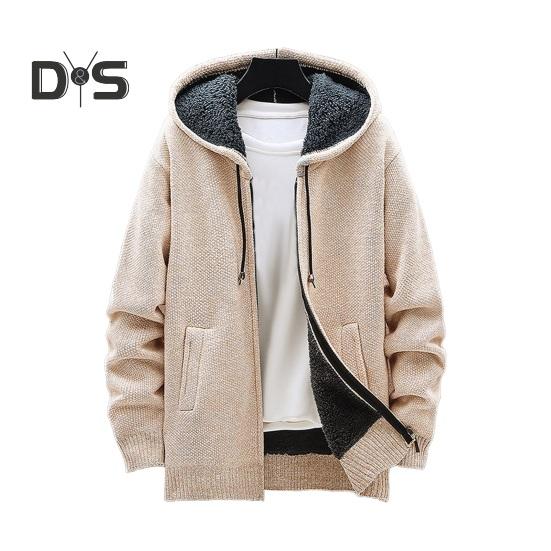 Winter Men Jacket Thickened Fleece Hooded Drawstring Zip-up Long Sleeves Sweater Coat Pockets Elastic Cuff Retro Knitted Daily Wear Outerwear Jacket