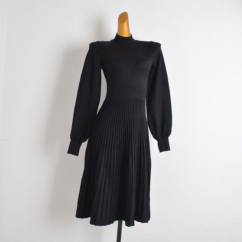 

Black Mock-Neck Lantern Sleeve Knitting Dress Women s Clothing Spring & Fall Hepburn Style Slim Fit Inner Wear Bodycon Dress Black